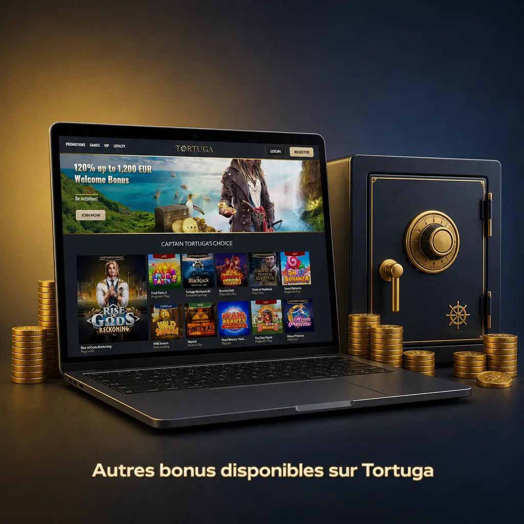 Découvrez les bonus Tortuga : reload du mardi, cashback hebdomadaire, pari gratuit de 100 EUR et récompenses VIP selon votre niveau.