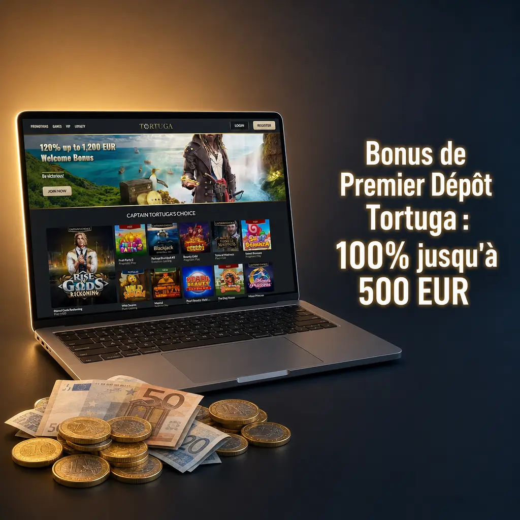 Bonus de premier dépôt Tortuga Casino : 100% jusqu'à 500 EUR plus 200 tours gratuits sur Book of Dead