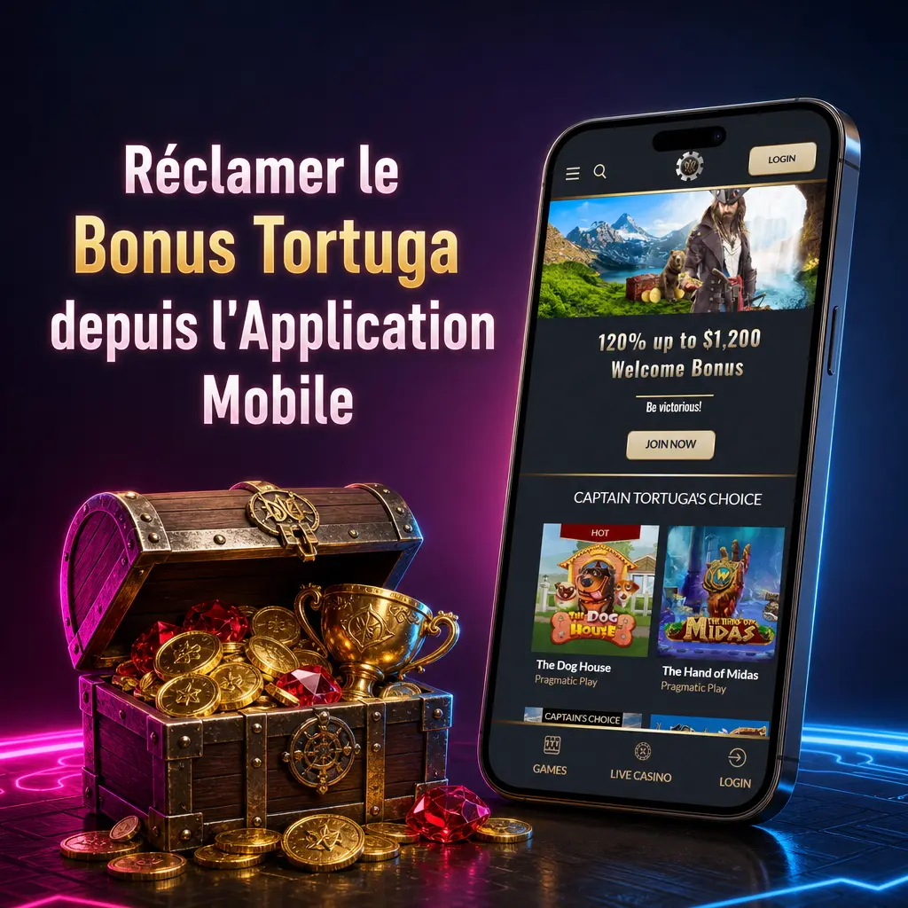 Capture d'écran de l'application mobile Tortuga pour réclamer le bonus sans dépôt sur iOS et Android