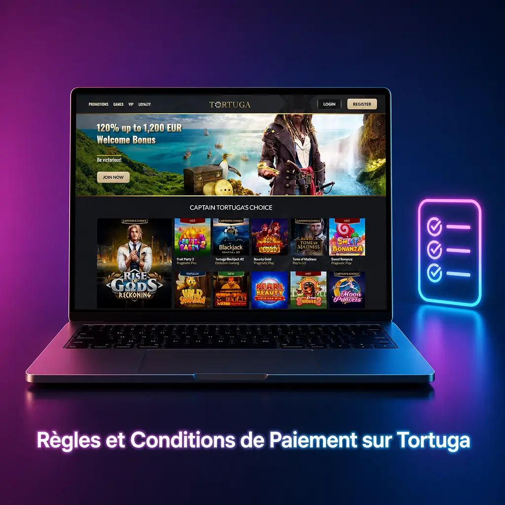 Règles et conditions de paiement sur Tortuga : vérification d'identité, méthode de retrait, plafonds et bonus non transférable.