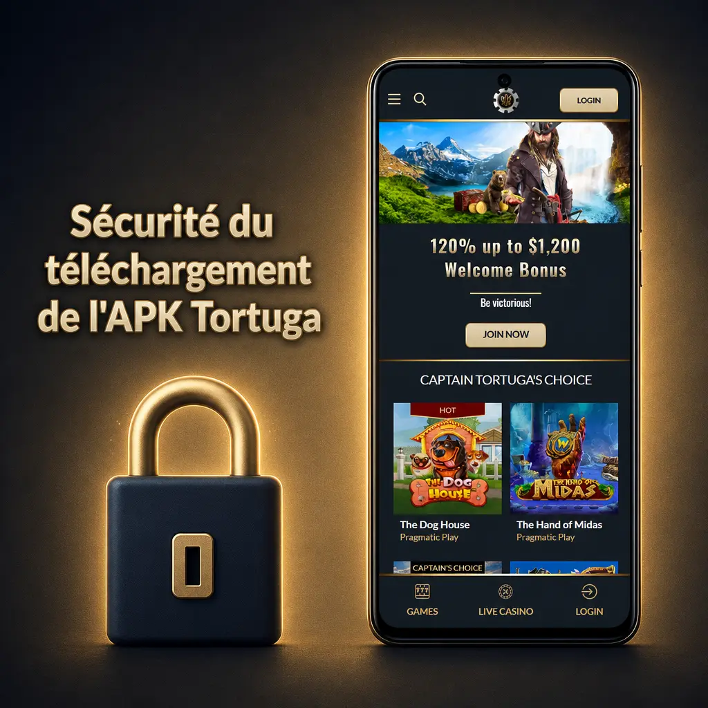 Sécurité du téléchargement APK Tortuga : licence Curaçao, chiffrement SSL et fichier officiel sans modification tierce.