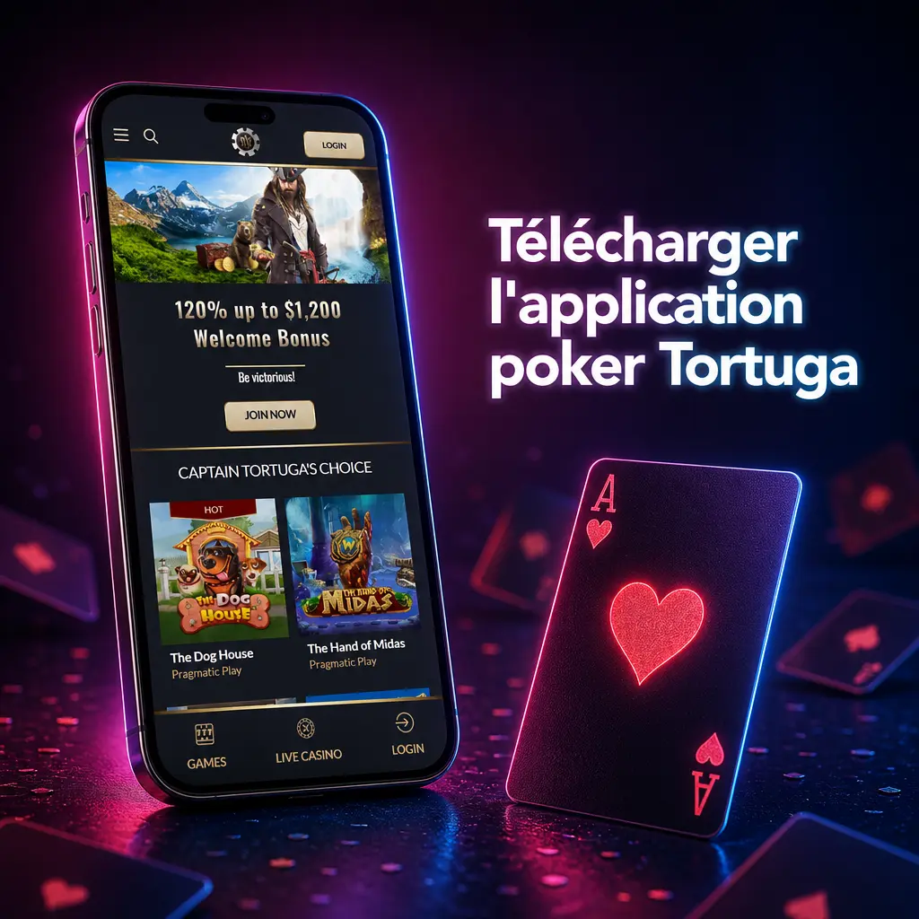 Téléchargement de l'application poker Tortuga sur Android et iOS pour jouer, déposer et retirer vos gains facilement.