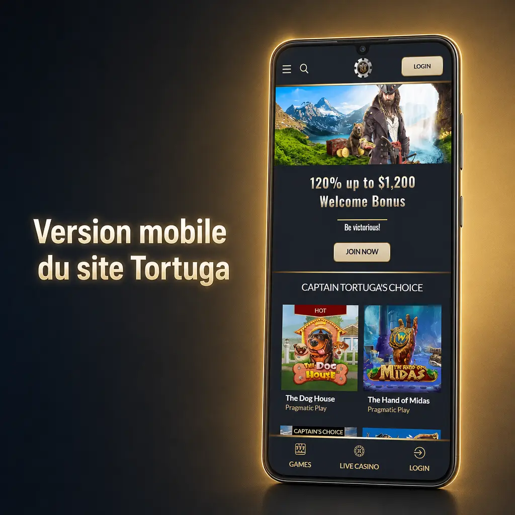 Version mobile du site Tortuga optimisée pour smartphone et tablette, paris sportifs et casino sans téléchargement
